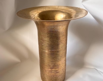 Vintage Brass Trumpet Vase with Ribbed Texture | Mid Century Modern | Brutalist Hollywood Regency - Indian Brass Home Decor