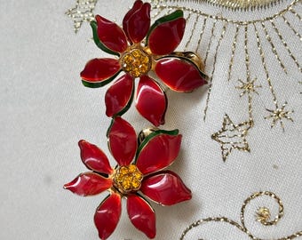 Poinsettia Earrings, Vintage Christmas Clip On, Enameled with Rhinestone Accents