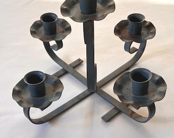 Vintage Wrought Iron Candelabra 5 Taper Candle Holder Centerpiece Primitive Farmhouse Table Decor- Country Blue Candle Holder