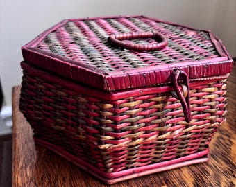Antique German Sewing Basket: Country Cottagecore Storage Decor, Vintage Wicker Collectible Sewing Supplies