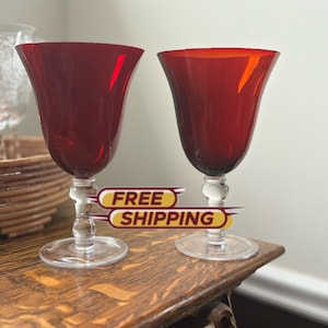 Pair- 2 Ruby Red Glass Goblets- Large Water or Wine- vintage collectible glassware- antique stemware, barware Drinkware