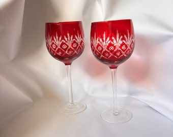 Vintage Ruby Red Cut to Clear Crystal Wine Glasses, Pair Bohemian Art Deco Stemware Goblets, Star Burst Cut Glass, Holiday Barware Set of 2