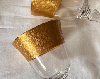 8 Vintage Gold Wine Glasses -Glastonbury Lotus Georgian Gold Encrusted Etched Rim- Crystal Goblets, Hollywood Regency Mid-Century Glass