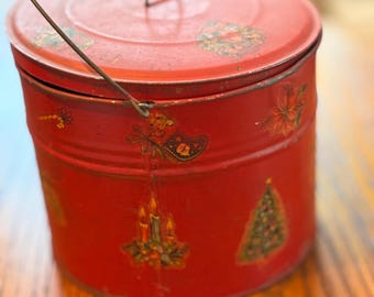 Vintage Metal Christmas Bucket, Red Holiday Decor= Primitive, Rustic, Farmhouse, Country Decor