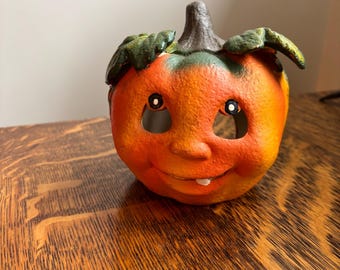 Hand-Painted Ceramic Pumpkin Candle Holder – Retro Halloween Decor (4-5 inches)