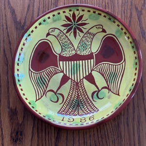 1986 JCS Redware Plate-- Vintage Folk Art Pottery= Double Eagle, Primitive Farmhouse or Country Kitchen Decor