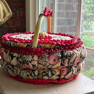 Super Kitsch Sewing Basket- 1980s vintage sewing collectible, vintage fabric/ sewing notions