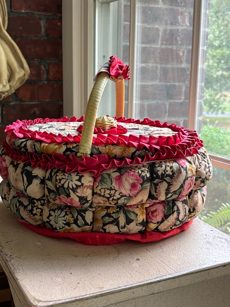 Super Kitsch Sewing Basket- 1980s vintage sewing collectible, vintage fabric/ sewing notions