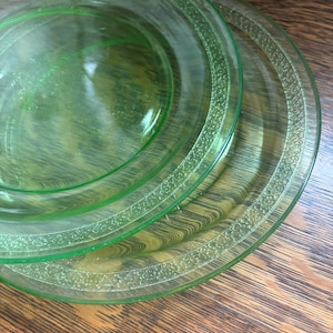 2 Green Depression Glass Plates Pair of 2 Large Dinner- Vintage Collectible Glassware, Spring, Easter Table