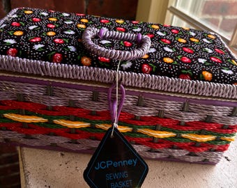 1980s Sewing Basket- Unused Vintage sewing collectible Basket, Retro Kitsch Fabric/ Collectible Sewing Notions