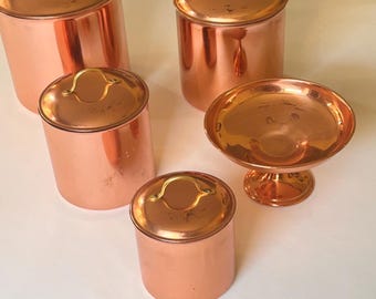 Vintage Copper Collection -   Nesting Canisters & Pedestal Compote Bowl-- Vintage Metalware for Farmhouse Decor or French Country Kitchen
