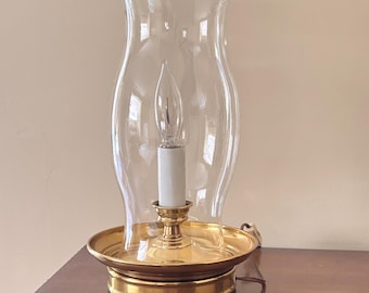 Vintage Brass Hurricane Lamp with Glass and Flickering Bulb- Country Cottage Farmhouse Decor