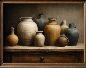 Puede incluir: Pintura enmarcada de naturaleza muerta con una colección de jarrones de cerámica de varias formas y tamaños. Los jarrones son de tonos beige, marrón y gris, dispuestos sobre una estantería de madera. El marco es ornamentado y de color marrón oscuro.