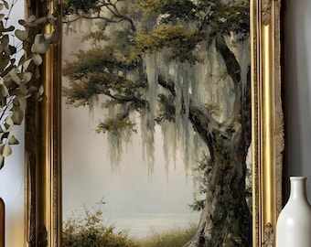 Live Oak Tree Print, Southern Landscape Painting, Spanish Moss Wall Art (Digital Download)