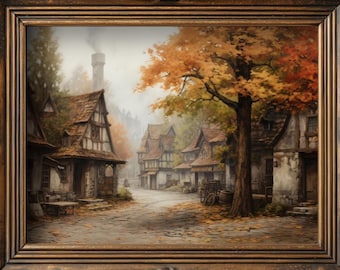 Autumn European Village Wall Art, Rustic Cottage Landscape Printable (Digital Download)