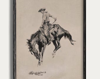 Vintage Cowboy Riding Sketch – Rustic Western Wall Art Print (Digital Download)
