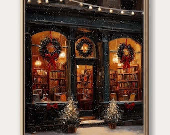 Vintage Christmas Bookshop Print: Cozy Winter Bookstore Wall Art | Rustic Holiday Painting (Digital Download)