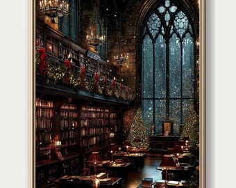 Grafika ścienna „Bożonarodzeniowa biblioteka” | Dekoracje świąteczne w stylu vintage | Dark Academia – wydruk świąteczny (do pobrania cyfrowego)