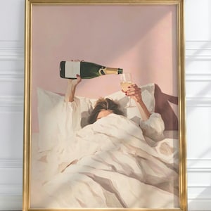 Pink Champagne Wall Art, Apartment Aesthetic, Pink Wall Art, Bar Cart Decor, Champagne In Bed, Pink Cocktail Art, Coquette Aesthetic, Girly Wall Art, Pink Cocktail Art, Digital Download, Southern Vintage Print Co.