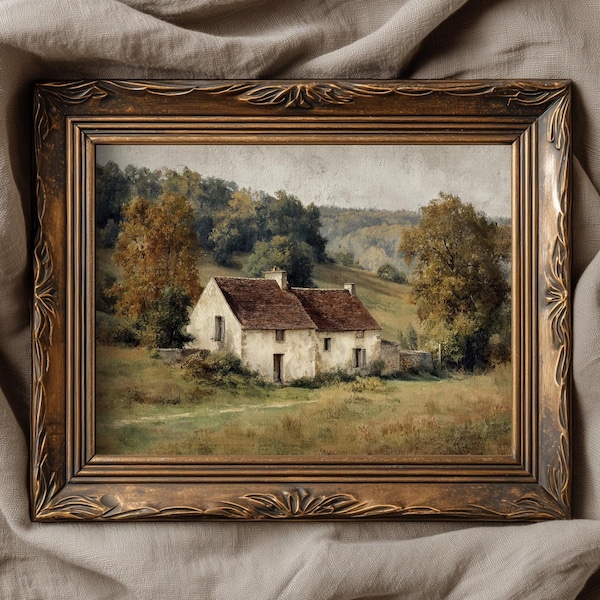 Maison de campagne française imprimable : oeuvre d'art murale paysage de ferme vintage (téléchargement numérique)