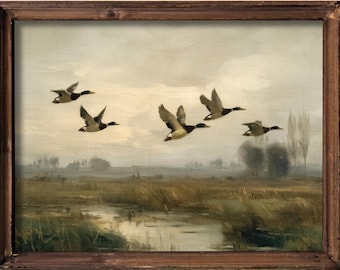 Arte mural de patos voladores: pintura vintage de vida silvestre / paisaje rústico de pantano (descarga digital)