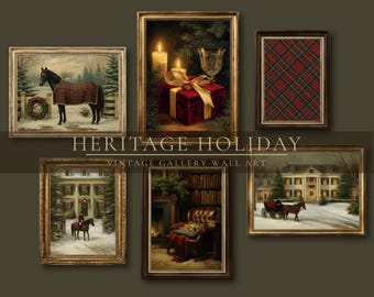 Vintage Christmas Wall Art Set, Heritage Holiday Gallery Collection, Equestrian Winter Prints, Estate Decor (Digital Download)