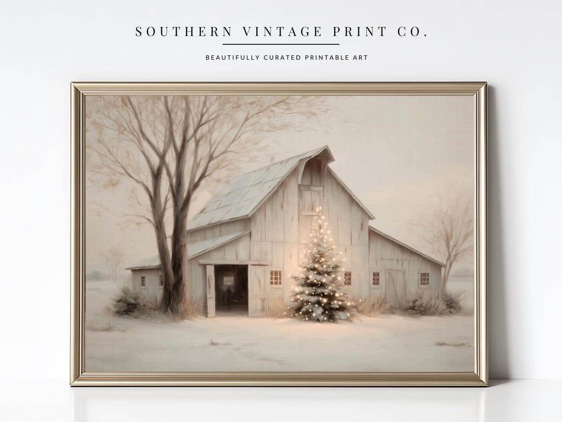 Rustic Winter Barn Christmas Tree Print: Farmhouse Holiday Decor ...
