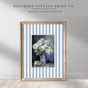 Watercolor Hydrangea Blue Striped Print | Nancy Myers Inspired Wall Art | French Country Cottagecore Decor | Grandmillenial Floral Print