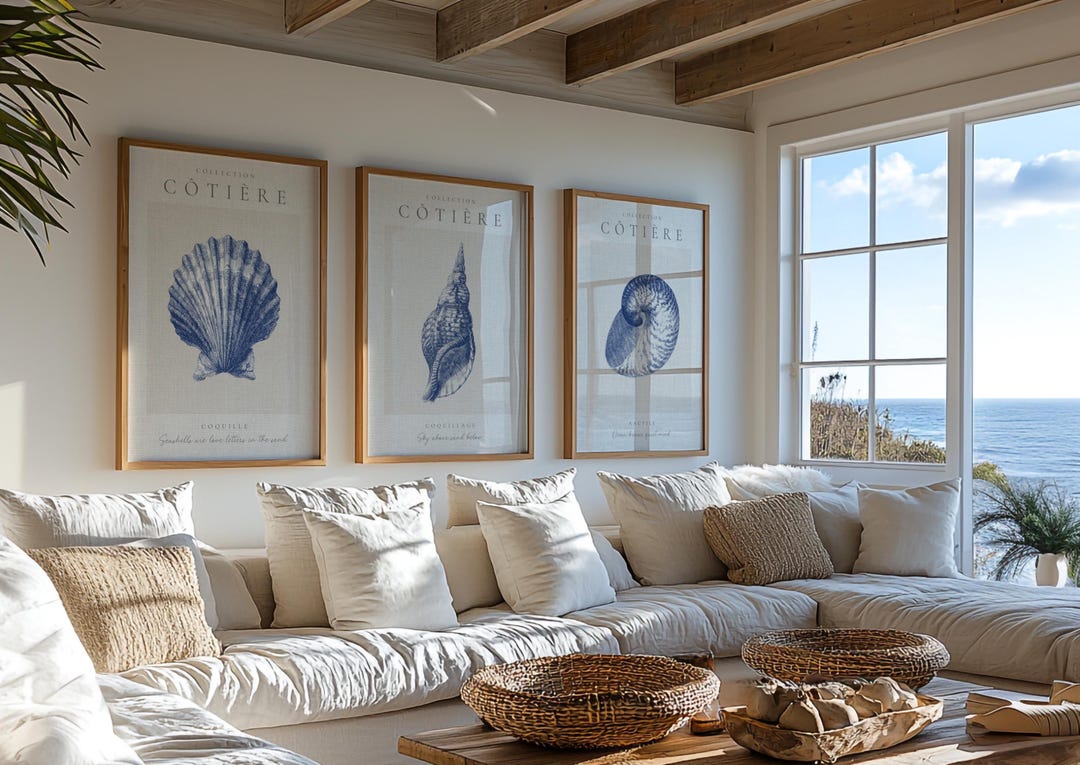 Set of 3 Coastal Seashell Prints, Nautical Beach Wall Art Decor ...