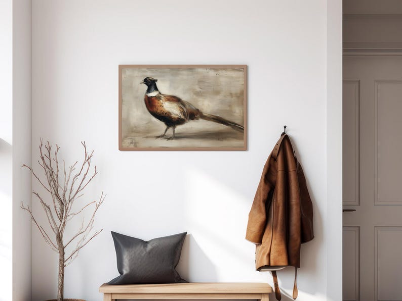 Vintage Pheasant Wall Art, Rustic Wildlife Bird Painting, Autumn Country Lodge Hunting Decor, Bird Wall Art, Autumn Wall Art
