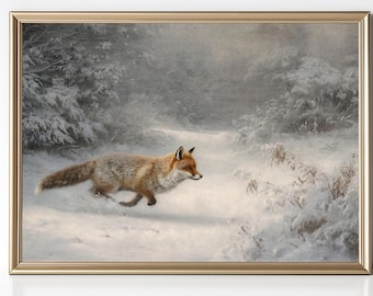 Arte mural de zorro invernal: Impresión animal de bosque nevado / Decoración rústica de cabaña invernal (Descarga digital)