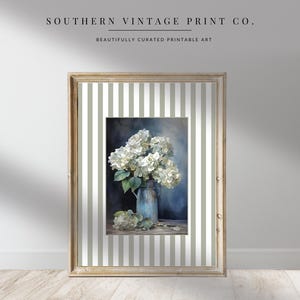 Watercolor Hydrangea Sage Green Stripe Print | Nancy Meyers Inspired Coastal Grandmother Wall Art | Cottagecore French Country Decor