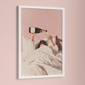 Pink Champagne Wall Art, Apartment Aesthetic, Pink Wall Art, Bar Cart Decor, Champagne In Bed, Pink Cocktail Art, Coquette Aesthetic, Girly Wall Art, Pink Cocktail Art, Digital Download, Southern Vintage Print Co.