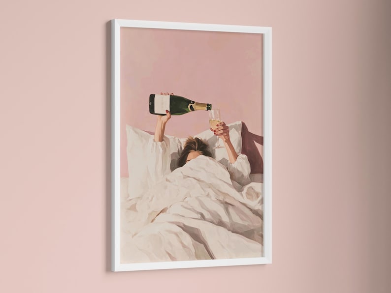 Pink Champagne Wall Art, Apartment Aesthetic, Pink Wall Art, Bar Cart Decor, Champagne In Bed, Pink Cocktail Art, Coquette Aesthetic, Girly Wall Art, Pink Cocktail Art, Digital Download, Southern Vintage Print Co.