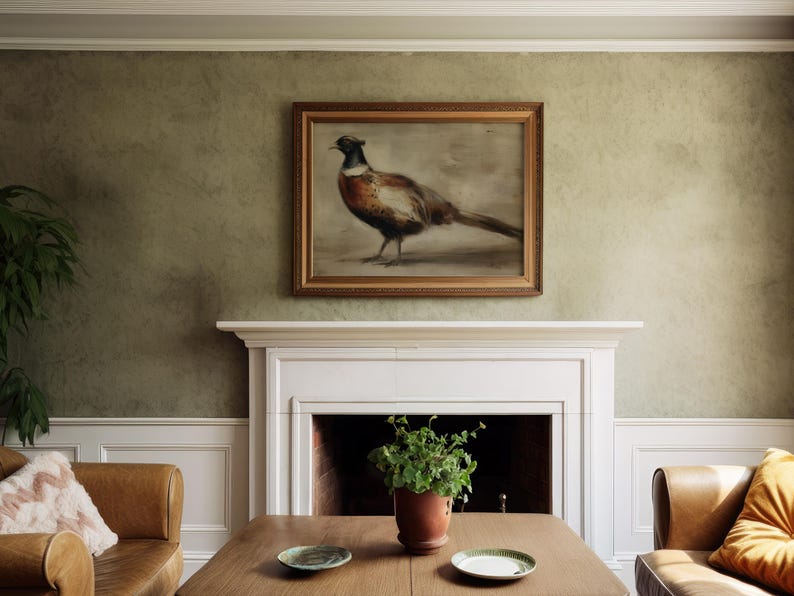 Vintage Pheasant Wall Art, Rustic Wildlife Bird Painting, Autumn Country Lodge Hunting Decor, Bird Wall Art, Autumn Wall Art