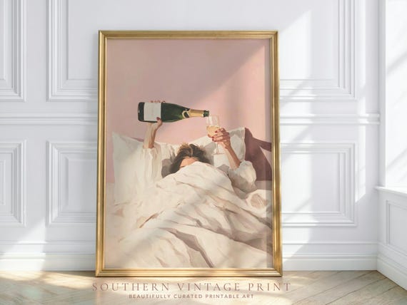 Champagne Wall Art: Pink Bedroom Decor | Girl Drinking Champagne Print (Digital Download)