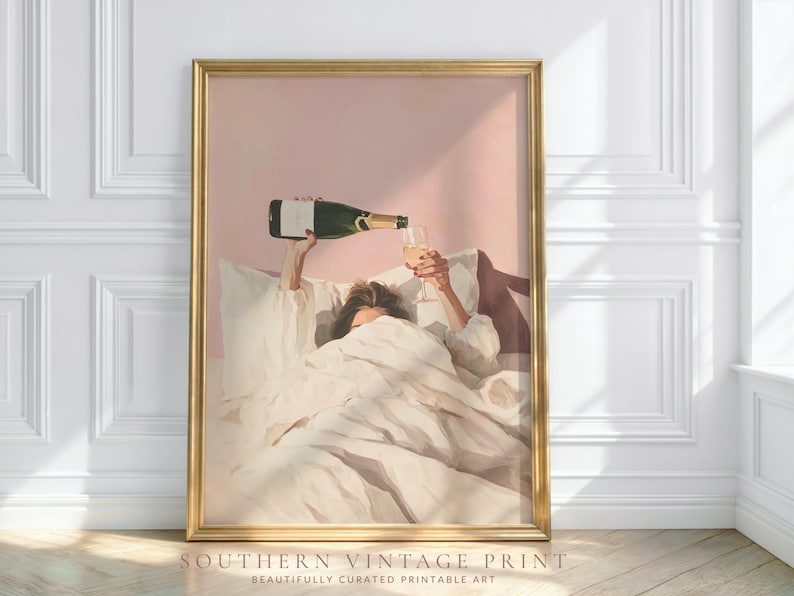 Pink Champagne Wall Art, Apartment Aesthetic, Pink Wall Art, Bar Cart Decor, Champagne In Bed, Pink Cocktail Art, Coquette Aesthetic, Girly Wall Art, Pink Cocktail Art, Digital Download, Southern Vintage Print Co.