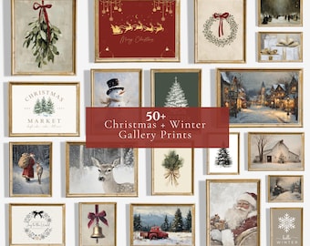 May include: A collection of framed Christmas and winter-themed art prints. The prints feature various holiday scenes, including a snowman, Santa Claus, a red truck, and winter landscapes. The frames are gold-colored, and the overall aesthetic is vintage and festive.