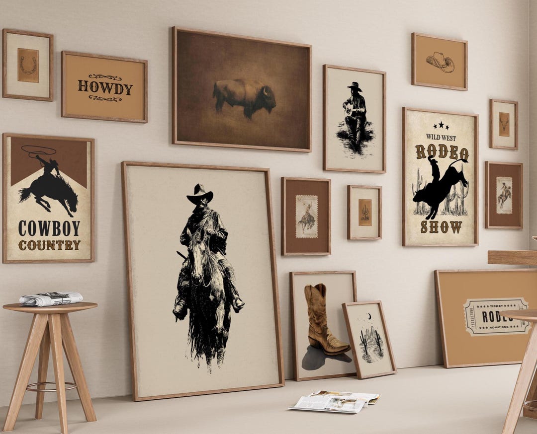 Western Wall Art Set of 15, Vintage Cowboy Gallery Wall, Rodeo Decor ...