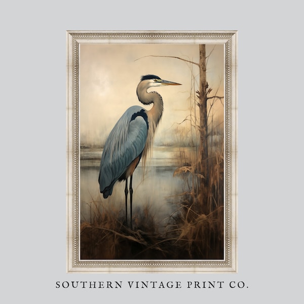 Great Blue Heron Vintage Print | Classic Oil Painting | PRINTABLE Digital Download | Coastal Print | Southern Vintage Print CO12272