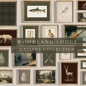 Peut inclure: Une collection de galerie murale composée d'impressions encadrées sur le thème de la forêt et de la nature, incluant un motif écossais, un poisson, un oiseau, un élan, un ours, un canard, un canoë, un sapin, un lac, des rames, une pomme de pin, un chalet, un cerf et le texte WOODLAND LODGE GALLERY COLLECTION.