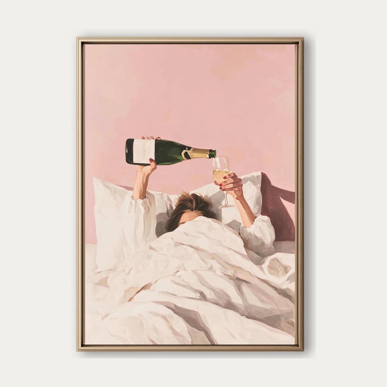 Pink Champagne Wall Art, Apartment Aesthetic, Pink Wall Art, Bar Cart Decor, Champagne In Bed, Pink Cocktail Art, Coquette Aesthetic, Girly Wall Art, Pink Cocktail Art, Digital Download, Southern Vintage Print Co.