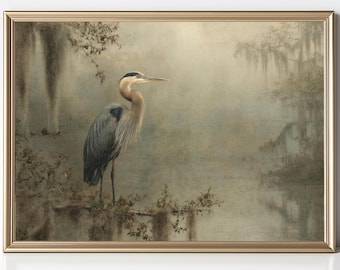 Heron Wall Art | Vintage Bird Print | Coastal Marsh Decor Printable (Digital Download)