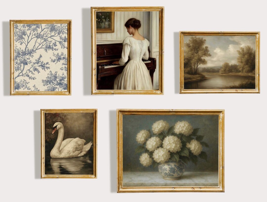 French Country Gallery Wall Set of 5, Light Vintage Farmhouse Printable ...