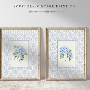 Blue Damask Hydrangea Print Set of 2 | Nancy Meyers Inspired Coastal Grandmother Wall Art | Cottagecore French Country Decor, Vintage Floral