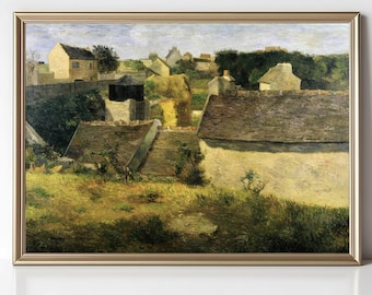 French Country Village Landscape Print, Antique Cottage Rooftops Wall Art (Digital Download)