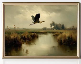 Heron Bird Wall Art: Vintage Marshland Landscape | Rustic Wildlife Nature Print (Digital Download)