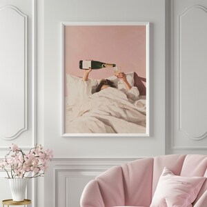 Pink Champagne Wall Art, Apartment Aesthetic, Pink Wall Art, Bar Cart Decor, Champagne In Bed, Pink Cocktail Art, Coquette Aesthetic, Girly Wall Art, Pink Cocktail Art, Digital Download, Southern Vintage Print Co.