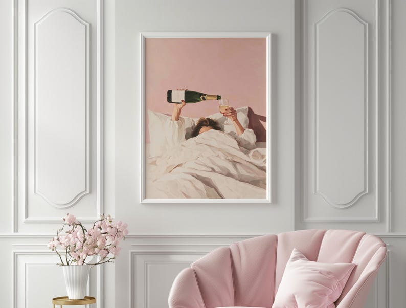 Pink Champagne Wall Art, Apartment Aesthetic, Pink Wall Art, Bar Cart Decor, Champagne In Bed, Pink Cocktail Art, Coquette Aesthetic, Girly Wall Art, Pink Cocktail Art, Digital Download, Southern Vintage Print Co.