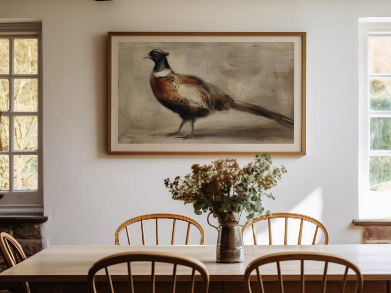 Vintage Pheasant Wall Art, Rustic Wildlife Bird Painting, Autumn Country Lodge Hunting Decor, Bird Wall Art, Autumn Wall Art